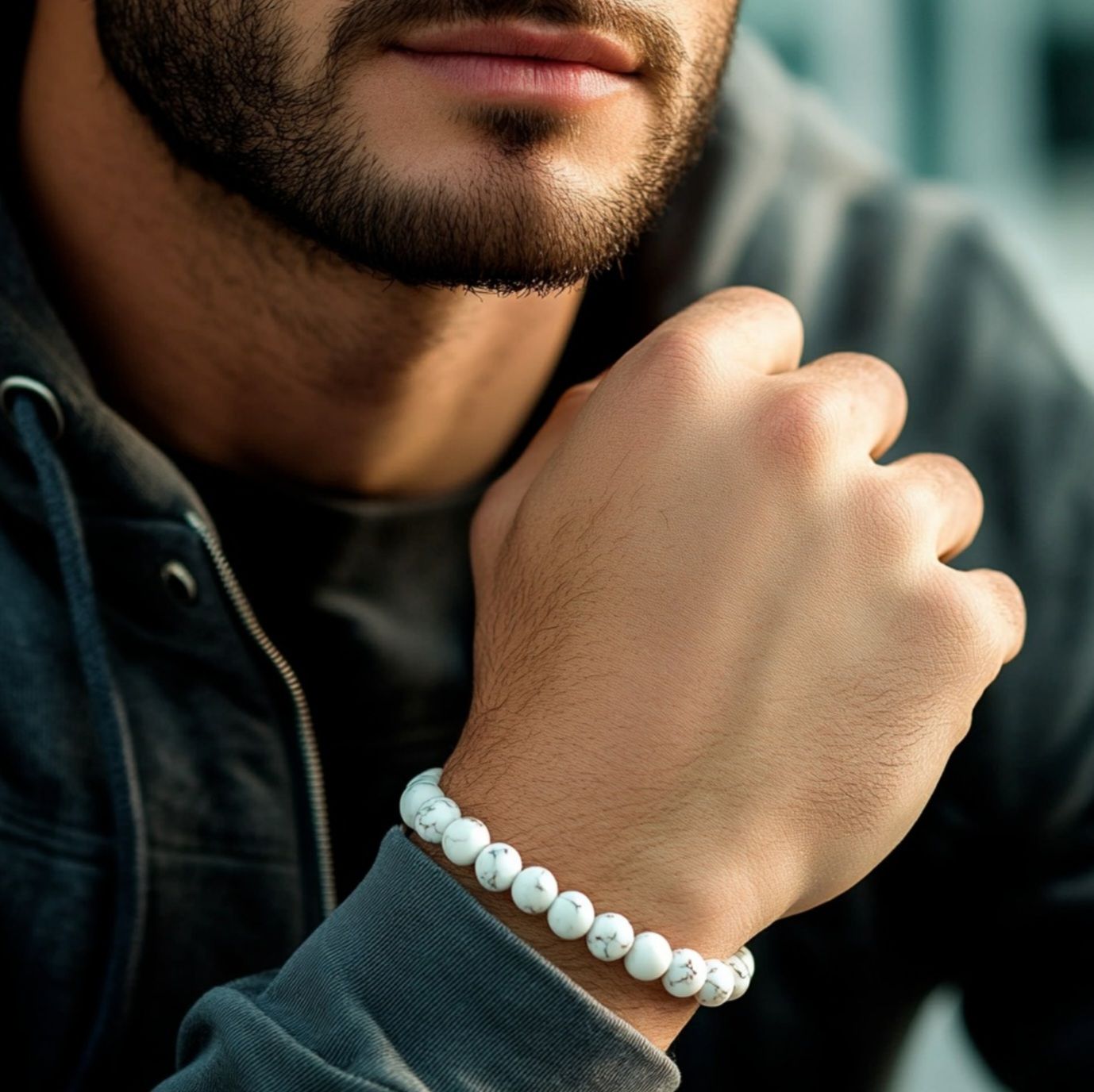 צמיד חרוזים לגבר | צמיד אבנים לגבר | אבני טורקיז לבנות | טיראן תכשיטים