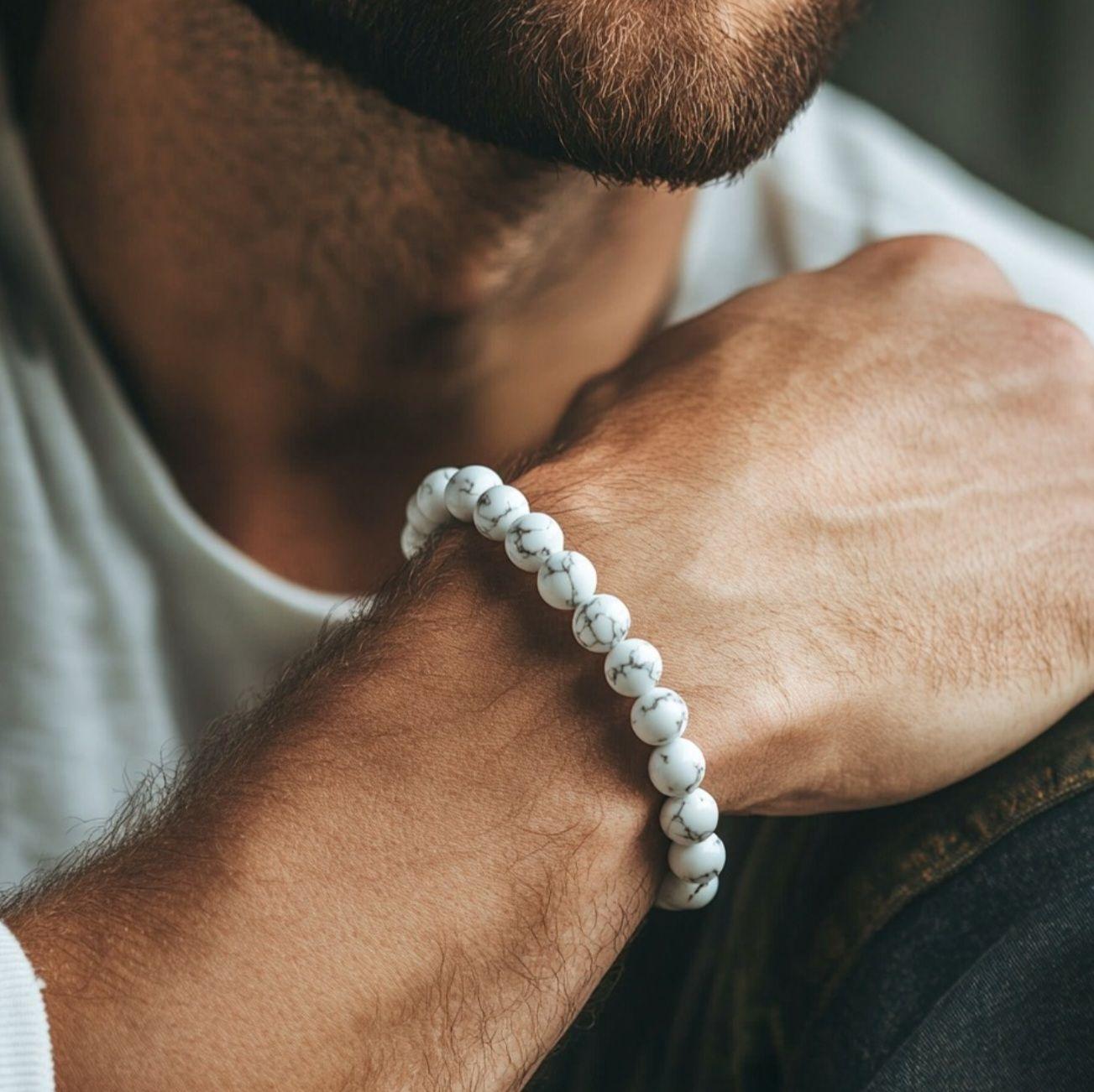 צמיד חרוזים לגבר | צמיד אבנים לגבר | אבני טורקיז לבנות | טיראן תכשיטים